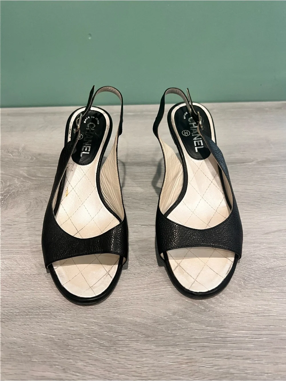 CHANEL Black Open Toe Slingback Pearl Heel